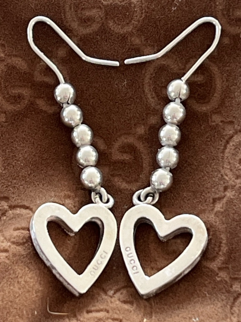 Gucci Sterling Silver Heart Ball Chain Dangle Earrings Made in Italy with Pouch
